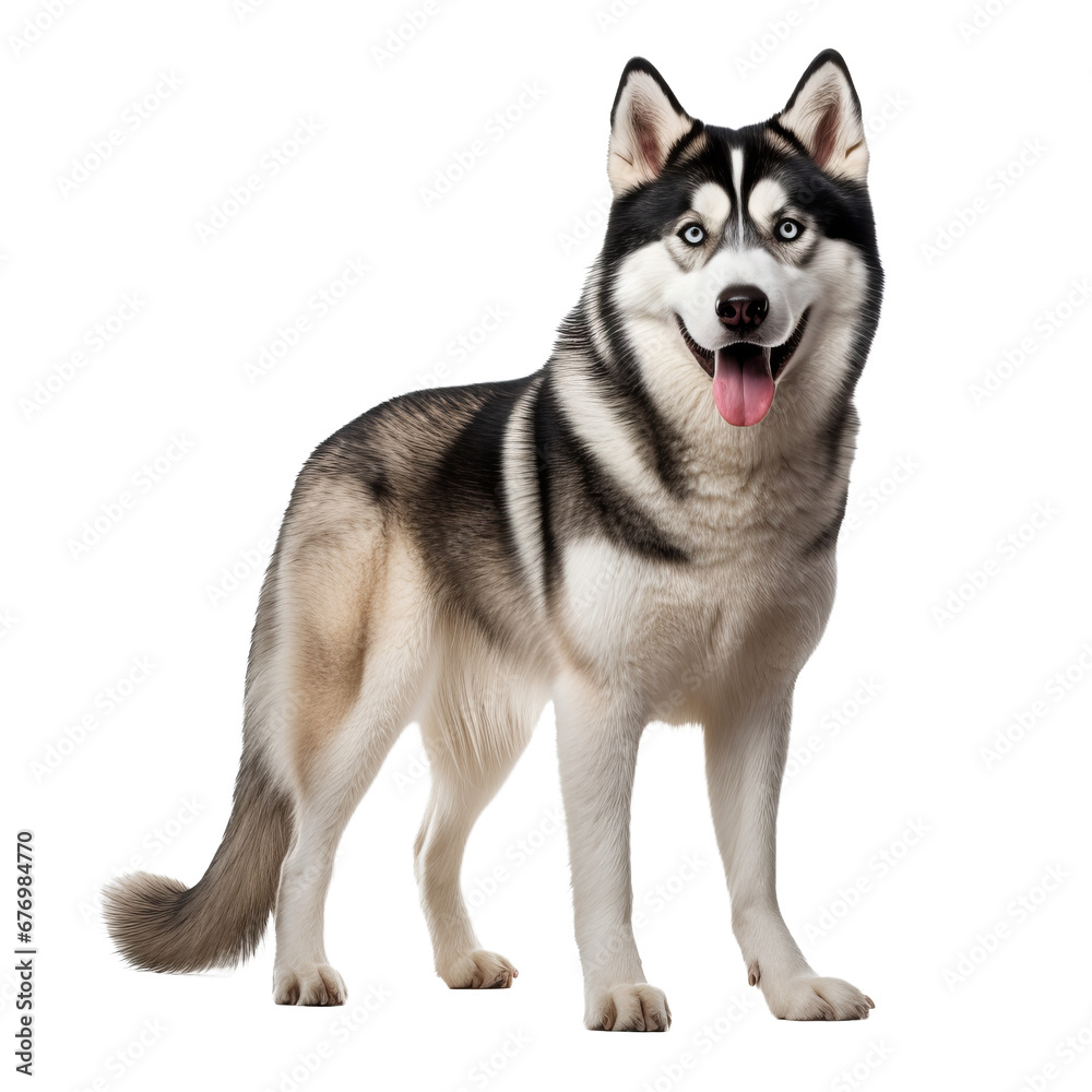 Full-body Siberian Husky dog standing, with a thick furry coat, piercing blue eyes, and erect ears on a transparent background.
