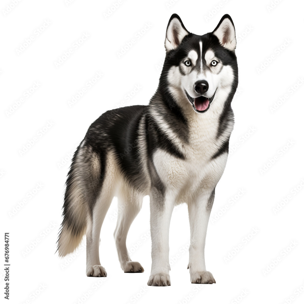 Siberian Husky with striking coat and blue eyes stands alert, showcasing full body against a transparent backdrop, ready for design use.