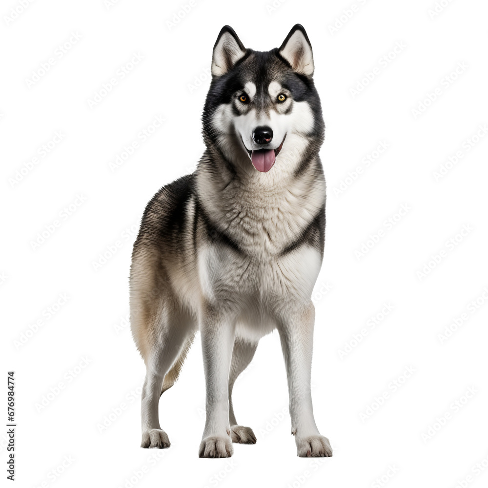 Full-body Siberian Husky dog with piercing eyes and a thick coat stands alert on a transparent background, showcasing its majestic posture.