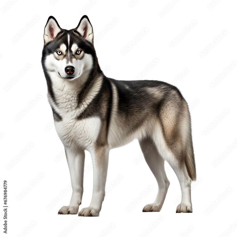 Siberian husky, with distinctive fur pattern and icy blue eyes, stands in full profile against a clear, transparent backdrop.