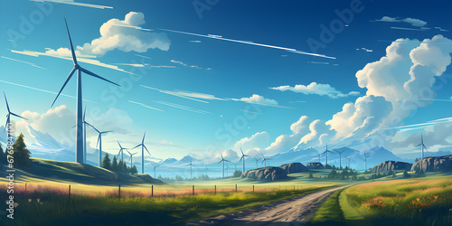 Windmill wind power field farm, ecology innovation technology art graphic vibe,