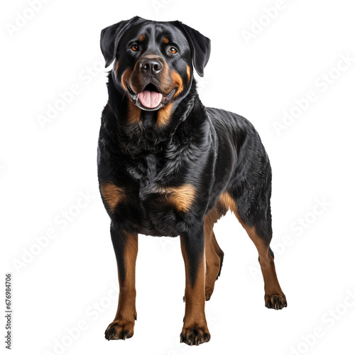 Full-bodied Rottweiler stands alert  showcasing its strong physique and black and tan markings  rendered against a seamless transparent backdrop.