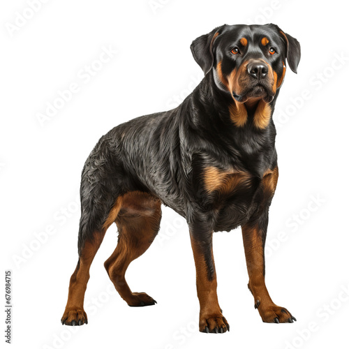 Rottweiler dog stands in full profile  showcasing its muscular build and black-and-tan coat on a transparent background  poised and dignified.