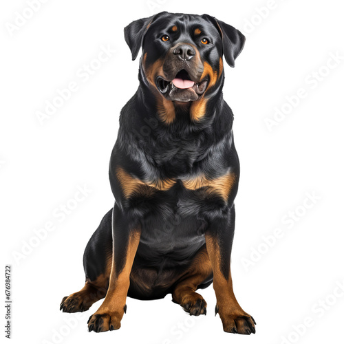 A full-body Rottweiler dog stands with a confident stance  its muscular frame and distinctive black and tan markings showcased on a transparent background.