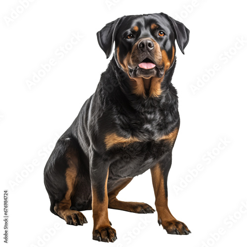 Rottweiler dog stands alert with a shiny black and mahogany coat, full body view, against a transparent background, showcasing strength and loyalty.
