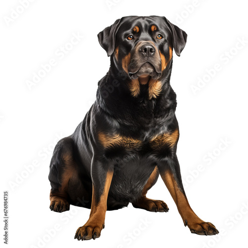 A full-body image of a Rottweiler dog with a glossy coat  standing alert on a transparent background  showcasing its robust physique.