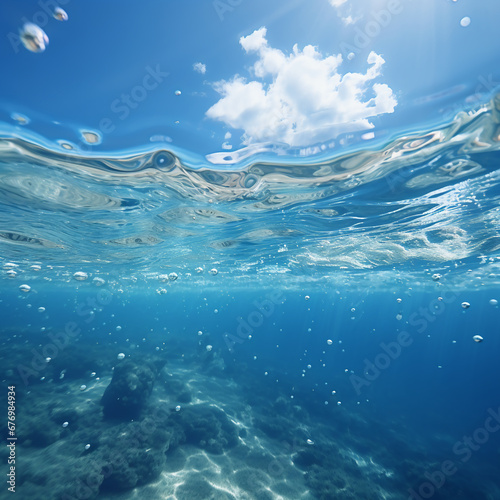 A deep blue ocean with a white cloud floating on it. AI generative © SANGHYUN
