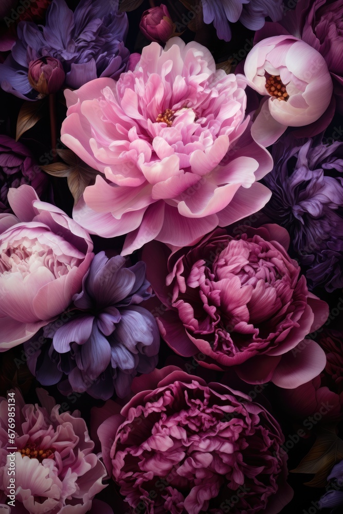 Obraz premium Bright pink and purple beautiful peonies pattern. Wedding decoration background. Backdrop for greeting card, banner for valentine day and women day