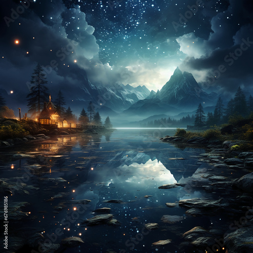 A fantasy completely still lake reflecting beautiful stars above. AI generative