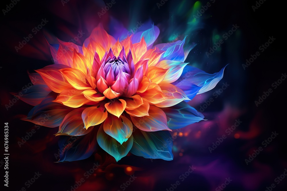 Colorful flower in neon colors on black background. Abstract multicolor floral backdrop with copy space. Magic fantasy flower	 - obrazy, fototapety, plakaty 
