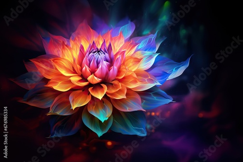 Colorful flower in neon colors on black background. Abstract multicolor floral backdrop with copy space. Magic fantasy flower 