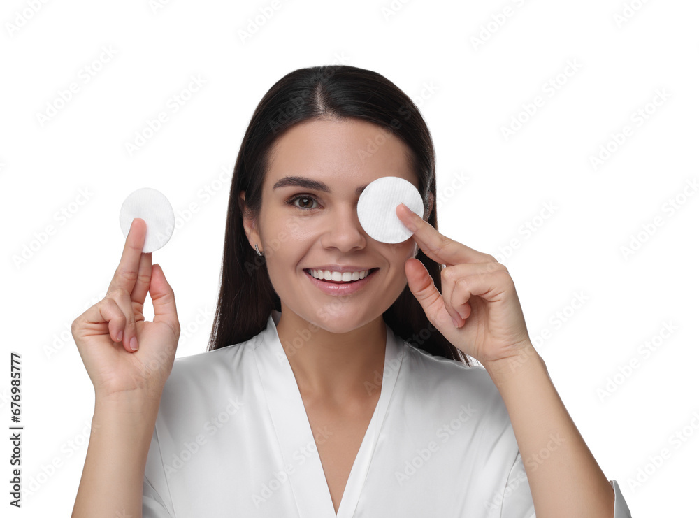Young woman with cotton pads on white background Young woman with cotton pads on white background