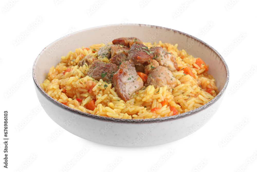 Delicious pilaf with meat isolated on white Delicious pilaf with meat isolated on white