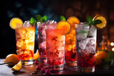 Elegant glasses brimming with sparkling mocktails, featuring a mix of fresh fruits, flavored syrups, and fizzy soda water, garnished with citrus twists, realistic photo. Ai Generated.NO.04