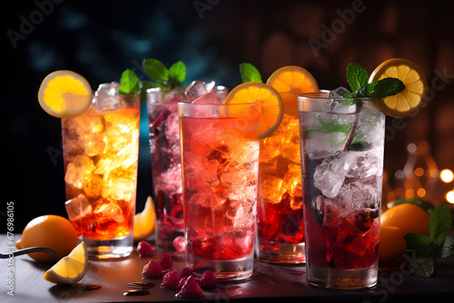 Photographie Elegant glasses brimming with sparkling mocktails, featuring a mix of fresh fruits, flavored syrups, and fizzy soda water, garnished with citrus twists, realistic photo
