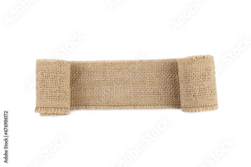 Unrolled burlap ribbon isolated on white, top view