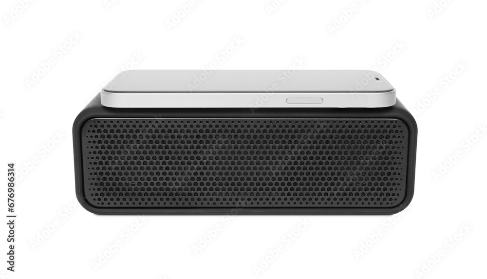 Portable bluetooth speaker and smartphone isolated on white. Audio equipment Portable bluetooth speaker and smartphone isolated on white. Audio equipment