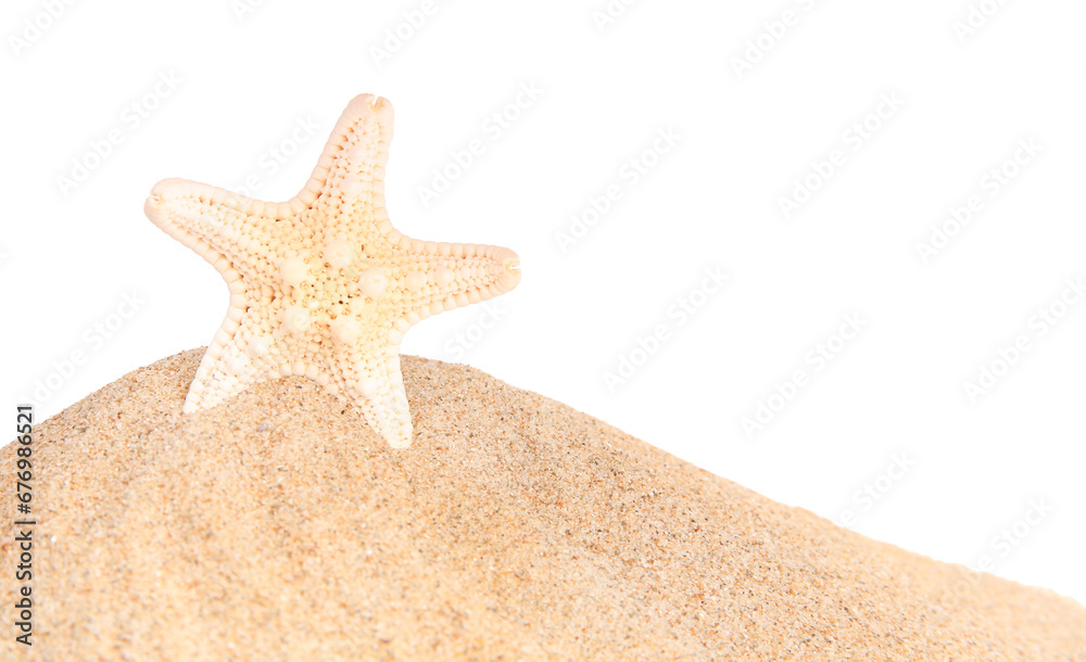 Sand with beautiful sea star isolated on white, space for text Sand with beautiful sea star isolated on white, space for text