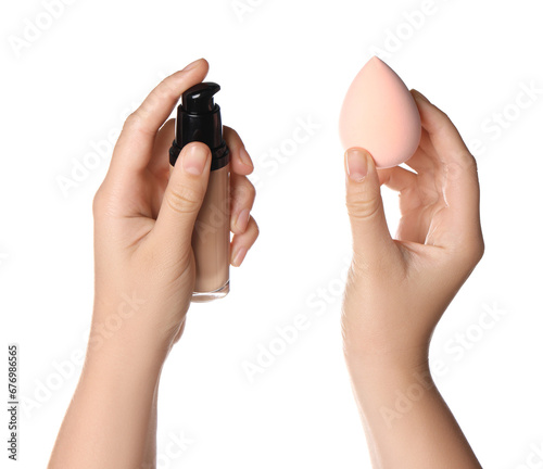 Woman holding bottle with skin foundation and makeup sponge on white background  closeup
