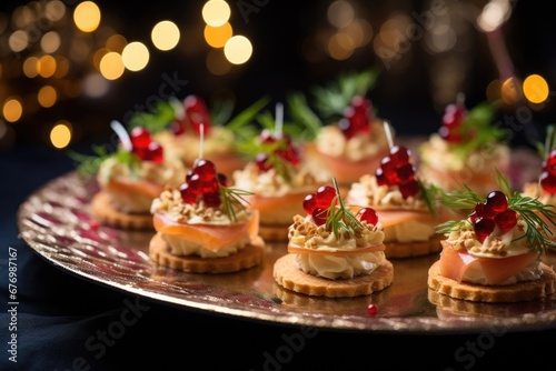 Appetizers with salmon, cheese, and red caviar on a plate