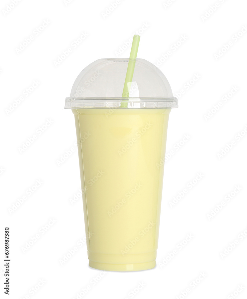 Plastic cup of tasty smoothie isolated on white Plastic cup of tasty smoothie isolated on white