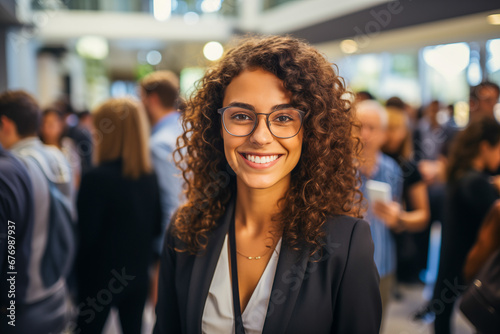A cheerful young professional business woman with curly hair and glasses smiles confidently at a bustling, diverse corporate networking event.