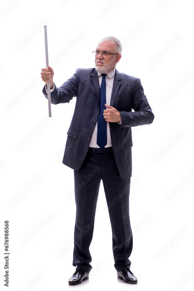 Old businessman holding metal stick isolated on white Old businessman holding metal stick isolated on white