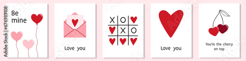 Valentine's day hand drawn greeting cards collection. Simple design with heart shaped balloons, envelope, tic-tac-toe love game, cherries.