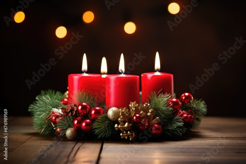 decorated Advent wreath from fir branches with red burning candles on a wooden table   festive bokeh in the warm dark background