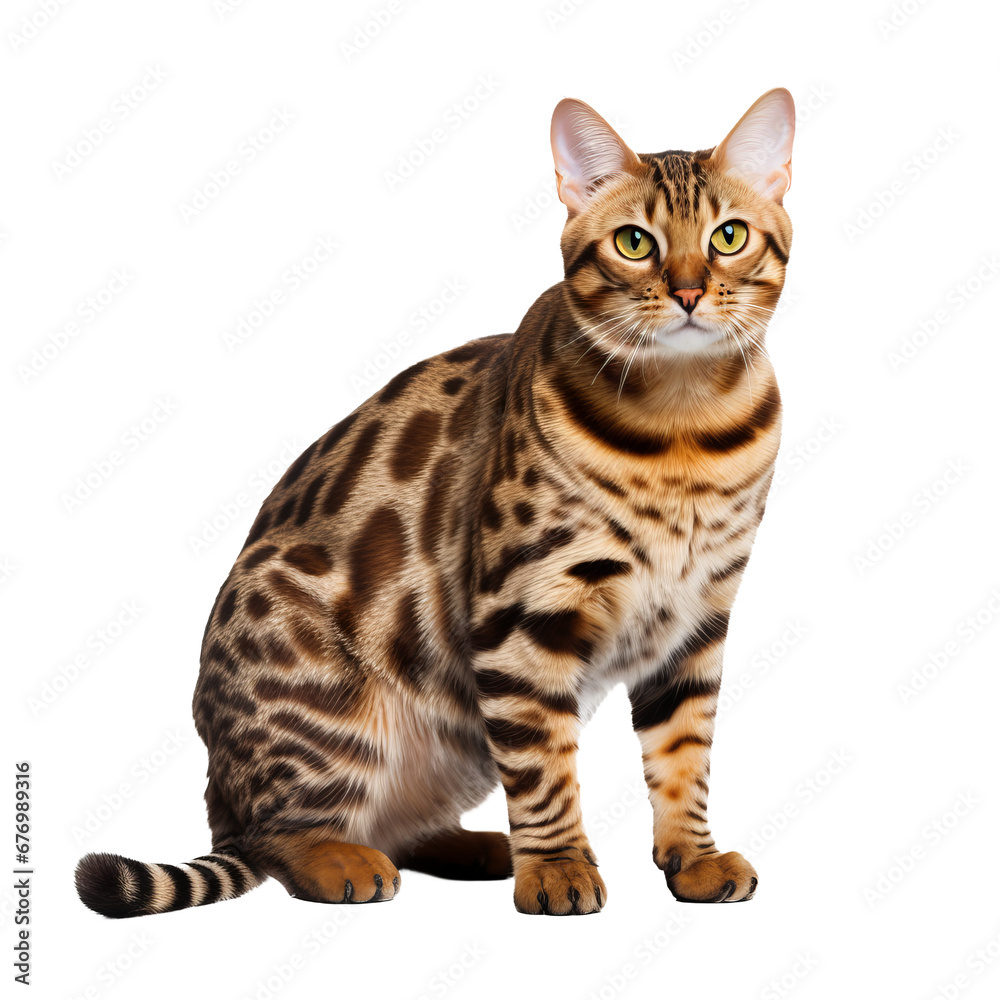 Full body Bengal cat poised gracefully on a transparent backdrop, showcasing its striking spotted coat and lithe feline form. Full body Bengal cat poised gracefully on a transparent backdrop, showcasing its striking spotted coat and lithe feline form.