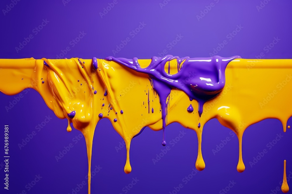 Runny paint. Thick layer of yellow and purple paint blob hanging on a rod, dripping on purple background. Messy splash	
