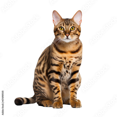 Bengal cat captured in full body view, vivid markings showcased against a transparent backdrop.