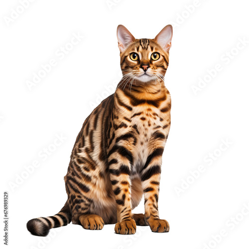 A full-bodied Bengal cat poses elegantly, its spotted coat vivid and distinct, against a clear transparent background, showcasing its wild beauty.