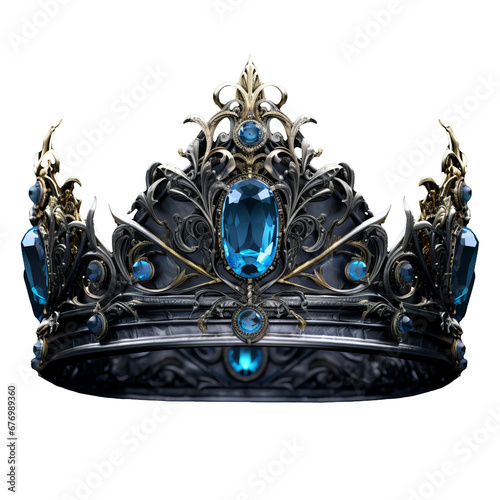 Elegant blue fantasy crown, beautifully decorated, displayed on a transparent background.