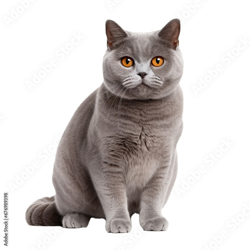 Full-bodied British Shorthair cat with a dense coat, posing on a clear, transparent background, showcasing its plush fur and stout build.