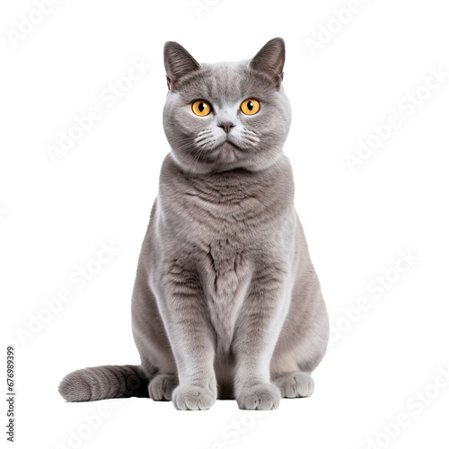 British Shorthair cat, plush coat, calm demeanor, sits with attentive gaze, full body displayed on transparent background.
