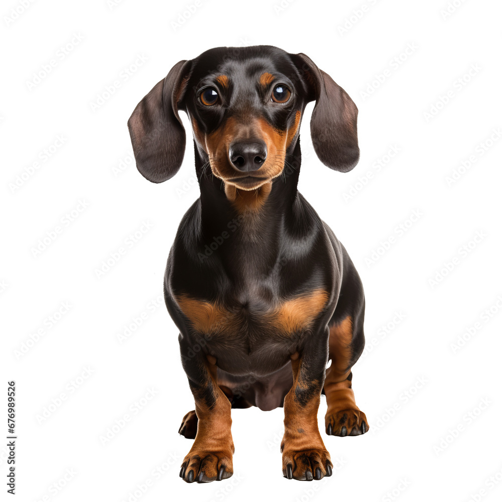 A full-body illustration of a dachshund dog with fine details and shading stands out against a transparent background, showcasing its unique long body and short legs.