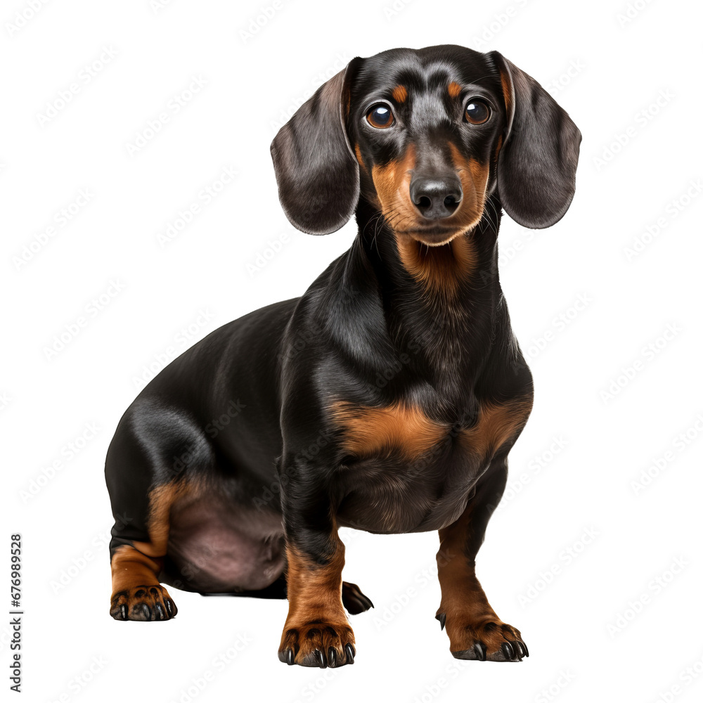 Dachshund with a lengthy body and short legs, prominent snout, smooth coat in hues of brown and black, stands side-on a clear backdrop.
