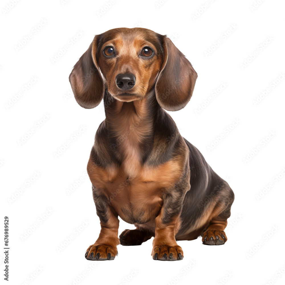 Dachshund with sleek brown fur, elongated body, and short legs stands alert, showcasing its full profile on a clear transparent background.