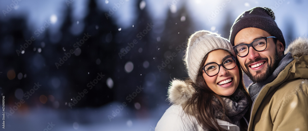 Obraz premium Winter Themed couple with room for copy space created with Generative AI technology