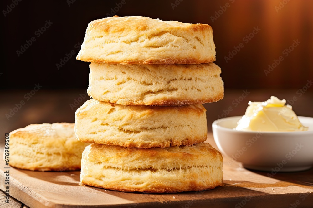 Buttermilk Biscuits, freshly baked and homemade, arranged on a welcoming breakfast table in the soft morning light, capturing the warmth and comforting aroma of this classic breakfast delight.