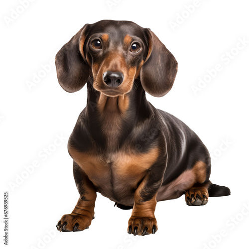 A full body illustration of a Dachshund dog, showcased on a transparent background, highlighting its distinct long silhouette and short legs. © Nika