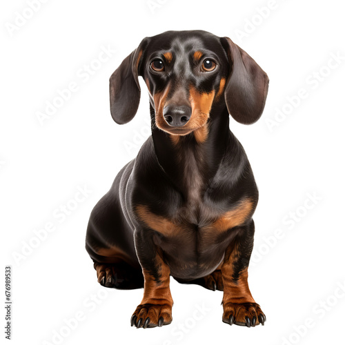 Dachshund dog showcased in full body on a transparent background, displaying its long silhouette and distinct breed features. © Nika
