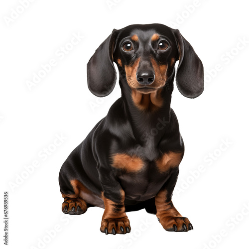 A full-body illustration of a dachshund dog standing, with detailed fur texture and visible facial features, isolated on a transparent background. © Nika
