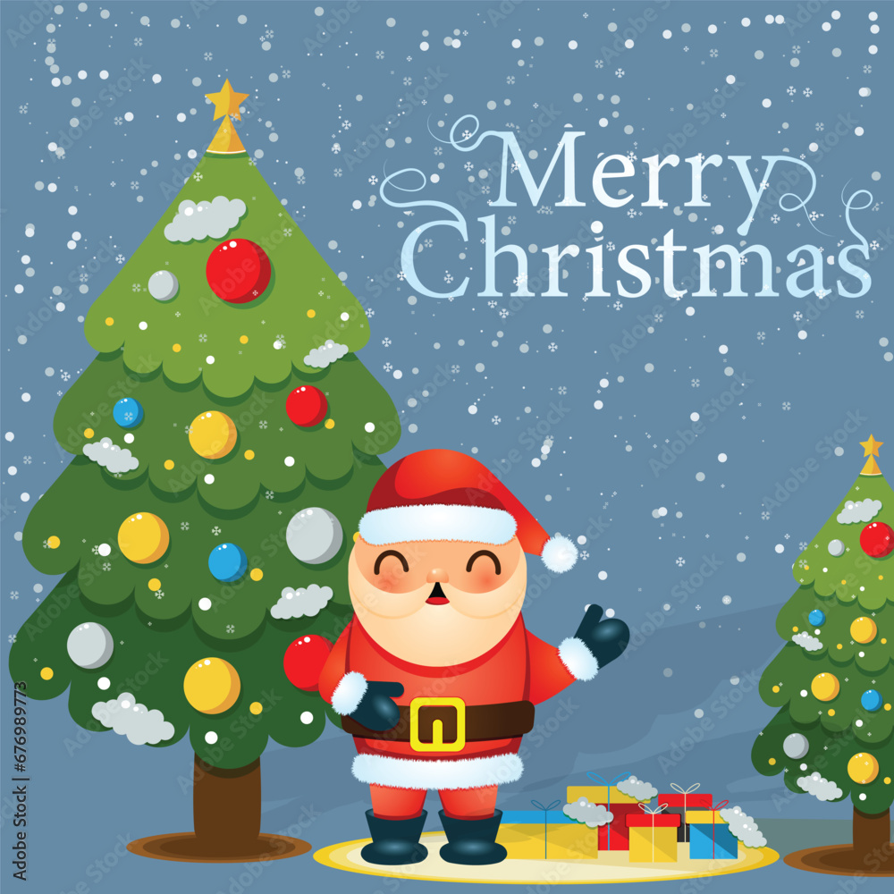 christmas card with santa claus and tree