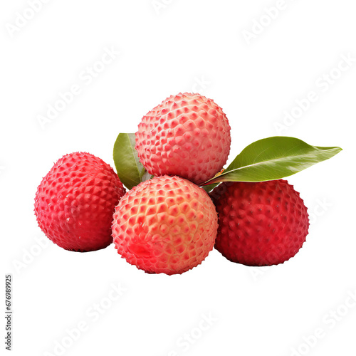 Lychee fruit with its bumpy red exterior and translucent flesh, displayed in full, isolated on a clear background.