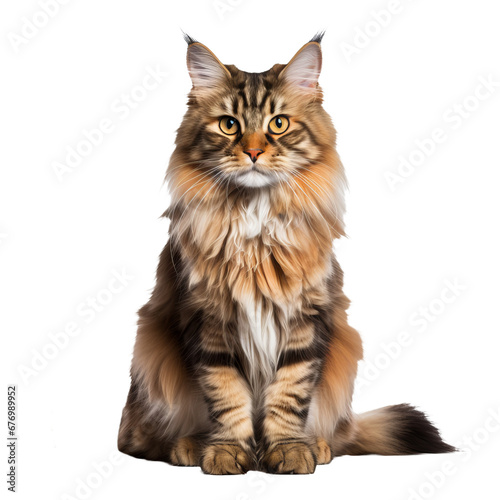Maine Coon cat, with lush fur and tufted ears, displaying its full body profile, set against a transparent backdrop.