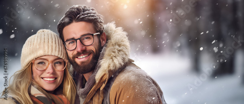 Winter Themed couple with room for copy space created with Generative AI technology