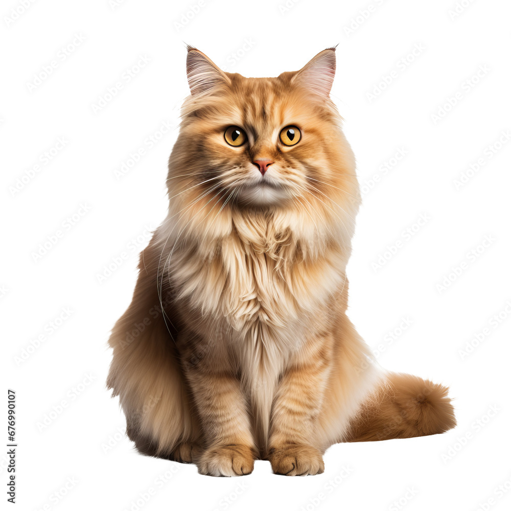 A fluffy Persian cat in its entirety, showcased against a clear backdrop allowing for seamless integration in different settings.