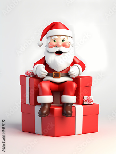 3d Cartoon Santa Claus sitting on top of gift boxes 
